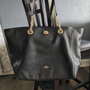 COACH Turnlock Black Gold Chain Leather Tote Bag